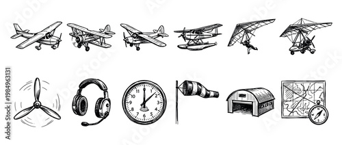Various hand-drawn aviation elements and flight equipment are depicted in a detailed, vintage-style illustration, showcasing airplanes, gliders, and pilot accessories