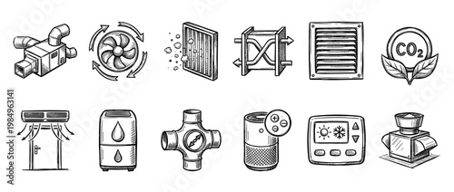 These hand-drawn HVAC system and indoor air quality icons depict various components like fans, filters, thermostats, and air purifiers in a detailed sketch style