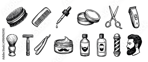 Collection of hand-drawn barber shop tools and grooming accessories are depicted in a classic, vintage sketch style, showcasing various elements for hair and beard care