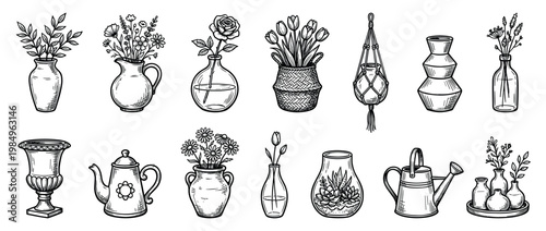 Collection of various hand-drawn vases and pots filled with beautiful flowers and plants, depicted in a charming black and white line art style, showcasing diverse botanical arrangements