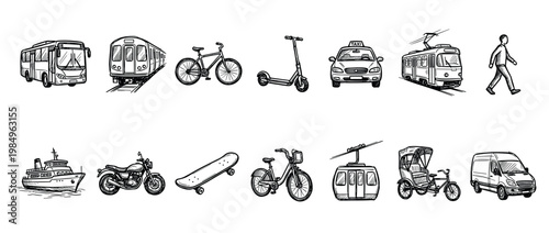 Various hand-drawn black and white transportation vehicles and a walking person are illustrated in a detailed sketch art style, showcasing diverse urban and travel modes