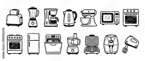 Various hand-drawn black and white kitchen appliances are neatly arranged in a grid, showcasing common household electronics with a charming doodle style