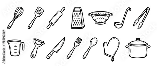 Many hand-drawn black and white kitchen utensils and cooking tools are neatly arranged, depicted in a simple, clean line art doodle style