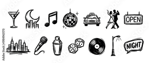 Collection of hand-drawn black and white icons representing various elements of nightlife and urban entertainment, rendered in a rough, expressive sketch style