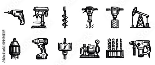 Collection of hand-drawn drilling tools and equipment icons, including various drills, bits, a jackhammer, an oil rig, and a pump, rendered in a rough, sketchy black and white style