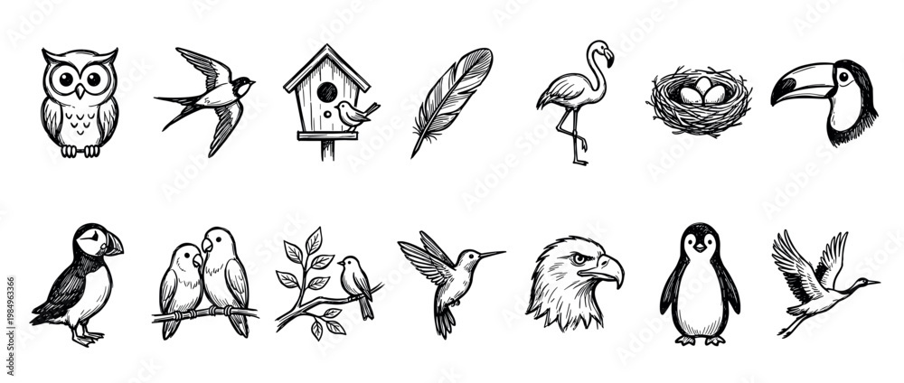 Fototapeta premium Diverse collection of hand-drawn bird illustrations, featuring an owl, swallow, flamingo, toucan, penguin, eagle, hummingbird, puffin, birdhouse, nest, and feather, in a charming sketch style