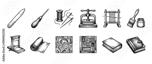 Various vintage bookbinding and printing tools are meticulously illustrated in a classic engraving style, showcasing traditional craftsmanship and historical artistry