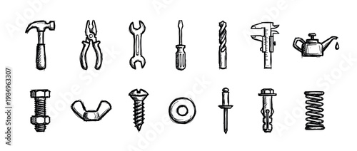 This collection of hand-drawn tools and hardware items features common repair and construction elements like a hammer, wrench, screwdriver, bolt, and spring, rough sketch style