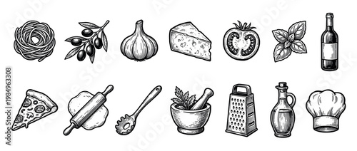 Various hand-drawn Italian food ingredients and cooking items are beautifully illustrated in a classic vintage engraving style, showcasing essential elements for Mediterranean cuisine