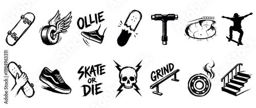 Collection of hand-drawn skateboarding themed illustrations featuring various elements like boards, shoes, tools, a skate park, and a skater silhouette, rendered in a bold, grunge style