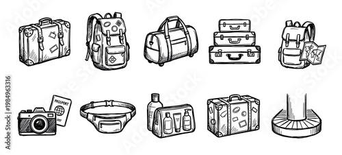 Various hand-drawn travel luggage and vacation accessories are neatly arranged, featuring vintage suitcases, backpacks, duffel bag, camera, passport, toiletry kit, and a baggage carousel in a sketch