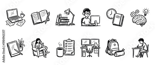 Hand-drawn doodle style study and work icons illustrate various aspects of education, learning, and productivity, featuring laptops, books, students, and office supplies in a cohesive collection