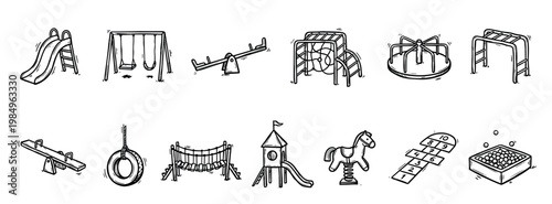 Collection of hand-drawn playground equipment icons, including slides, swings, seesaws, and climbing frames, rendered in a playful black and white doodle style