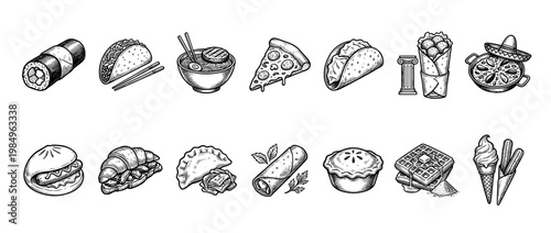 Diverse hand-drawn vintage engraving food icons showcase a wide variety of global cuisines and desserts, rendered in a detailed monochrome sketch style