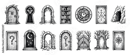 Mysterious hand-drawn collection of fantasy doors, arches, and symbolic gateways, rendered in a vintage engraving style with intricate details, evoking a sense of adventure and the unknown