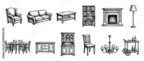 Various hand-drawn vintage furniture and home decor sketches, including a sofa, armchair, dining set, fireplace, and bookshelf, rendered in a detailed, classic illustration style
