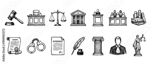 Collection of hand-drawn legal and justice icons, including gavels, scales, courthouses, documents, and Lady Justice, rendered in a detailed sketch style