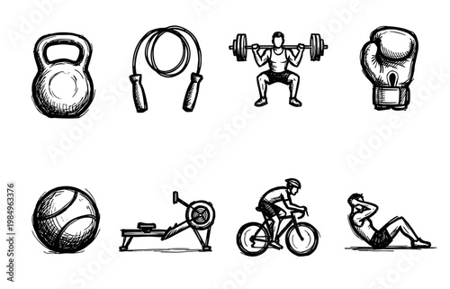 Eight hand-drawn black and white fitness and sports illustrations depict various exercise equipment and active people in a dynamic, energetic sketch style