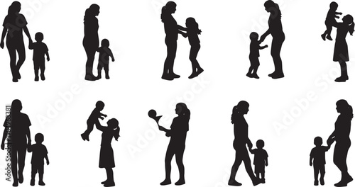 Silhouettes of mothers and children walking together, playing and interacting, various poses