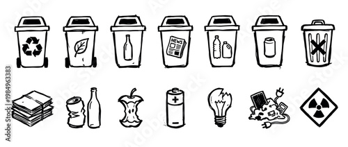 Hand-drawn black and white waste and recycling icons depict various refuse types and disposal methods, including organic, paper, plastic, glass, metal, electronic, and hazardous materials