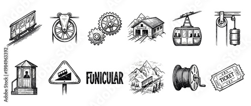 Collection of hand-drawn funicular and cable car elements, including trains, pulleys, gears, stations, and tickets, rendered in a detailed vintage sketch style