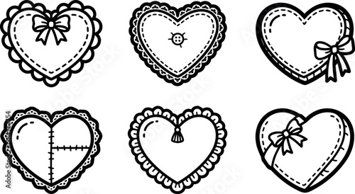 Black and white vector art set of six stitched heart pillows with bows and lace edges