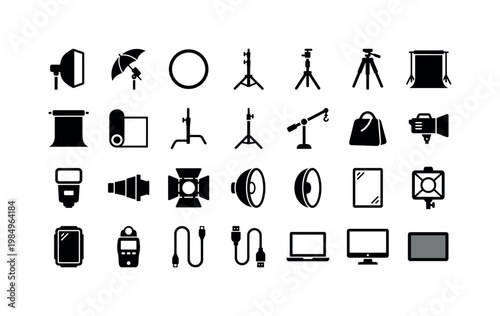 Photographer shutter click studio equipment like softbox umbrella light reflector tripod backdrop stand strobe and lighting