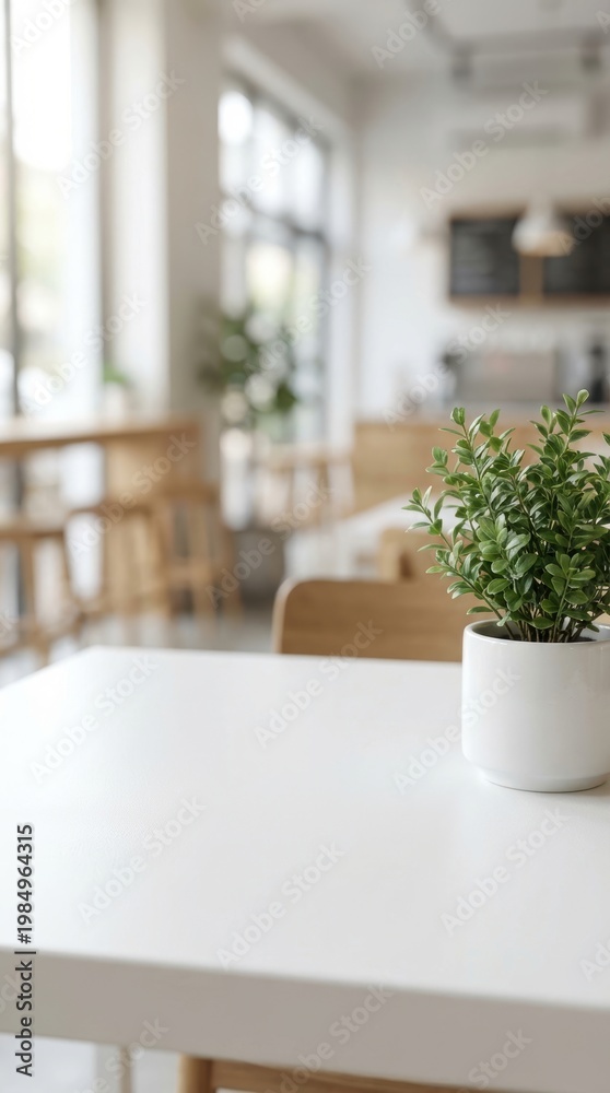 Fototapeta premium A small potted plant sits on a white table in a bright and airy cafe with wooden chairs and large windows