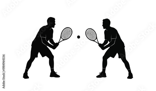 Two male tennis players engaged in a dynamic rally poised to strike the ball with focus and intensity silhouette high quality professional detailed modern