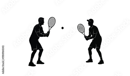 Two male tennis players engage in a dynamic match preparing to strike a ball against each other depicted as a silhouette high quality professional