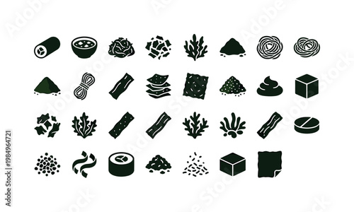 Seaweed food ingredients like sushi wraps soup additions flakes powders and edible marine plant forms clean solid filled icon set