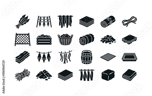 Seaweed harvesting and processing items like drying racks bundles pressed sheets and storage forms of marine plants clean solid