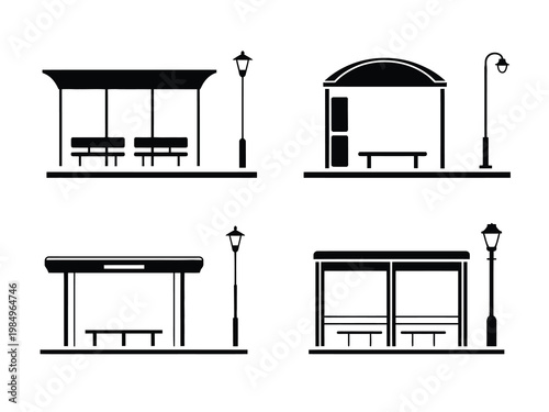Bus stop shelter silhouettes illustration set, city benches street lamps for urban public transportation map and flat vector design.