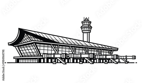 A detailed black and white illustration depicts denver international airport s distinctive jeppesen terminal architecture presented as a silhouette high quality professional modern elegant
