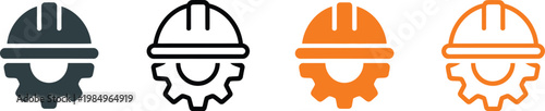 Safety helmet icons illustration, construction workwear gear symbols with hardhat and cogwheel for engineering and industrial protection design.