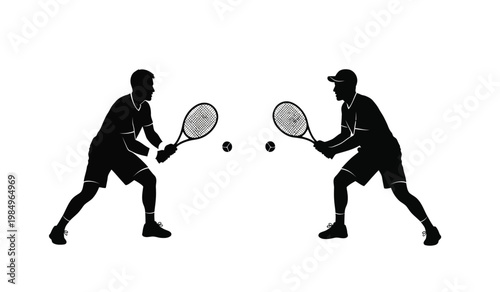 Two tennis players are captured in a dynamic moment preparing to strike the ball during a match presented as a silhouette high quality professional