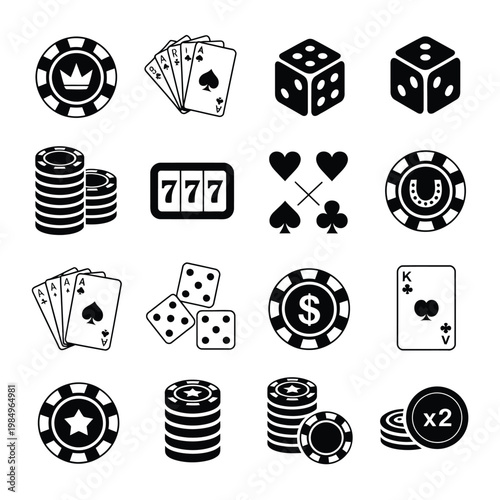Fotografia Casino gambling icons illustration set, black stylized symbols with slot machines poker chips cards dice for betting app interface design