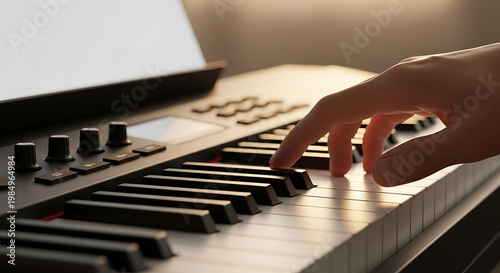 Close-up of a person's hand playing a digital piano, fingers pressing keys, warm ambient light, musical education, creative hobby