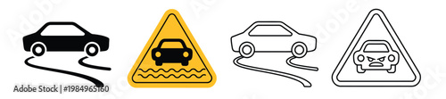 Flood warning signs illustration set, car submerged in water hazard symbols for road safety, emergency awareness, and disaster prevention design.