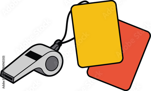 Football referee icons illustration set, whistle red yellow cards for match rules, discipline, and sports officiating design.