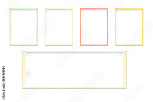 Set of five pastel wooden photo frames on a transparent background