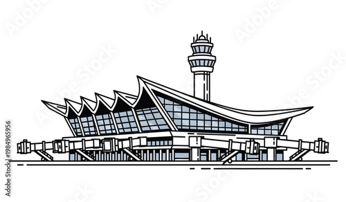A detailed line drawing depicts an airport terminal building with a control tower showcasing architectural design as a striking silhouette high quality professional modern