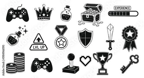 Gaming icons, video game symbols, 20 black vector graphics, gaming elements, icons set