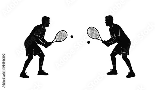 Two male tennis players facing each other with rackets poised to strike a ball in a dynamic match silhouette high quality professional detailed modern