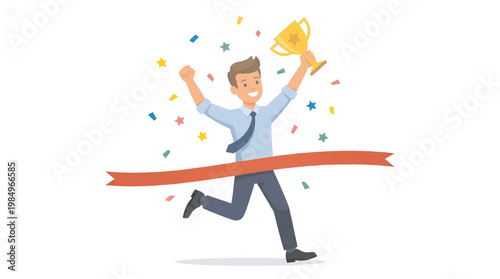 /Happy businessman crossing finish line holding trophy celebrating success achievement victory and business goal accomplishment