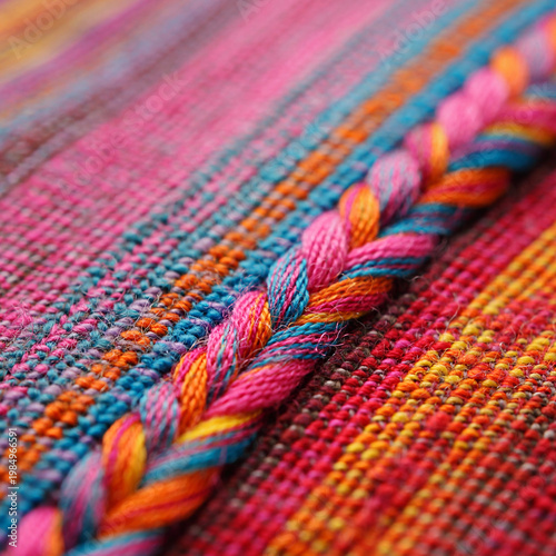 A close-up of multicolored woven fabric with braided threads in pink, blue, orange, yellow, and red hues. The intricate pattern showcases a native ethnic design, highlighting crafts, textures, and mat