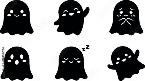 Cute black ghost characters with happy sad surprised and sleeping expressions vector art