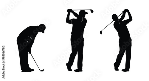 Golf Player Silhouette Set Showing Different Swing Poses, Male Golfer, Sports Illustration, Isolated on White