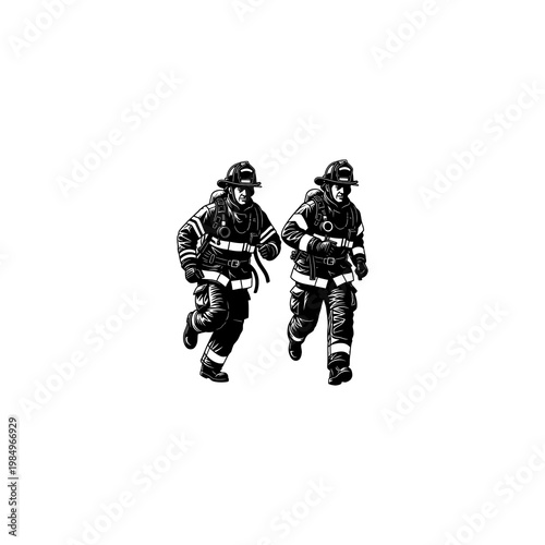 Two Firemen Wearing Safety Gear Running.