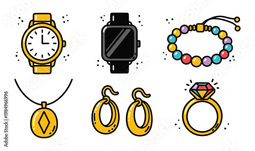 Colorful Jewelry Icon Set with Watch, Smartwatch, Bracelet, Necklace, Earrings and Diamond Ring, Flat Design